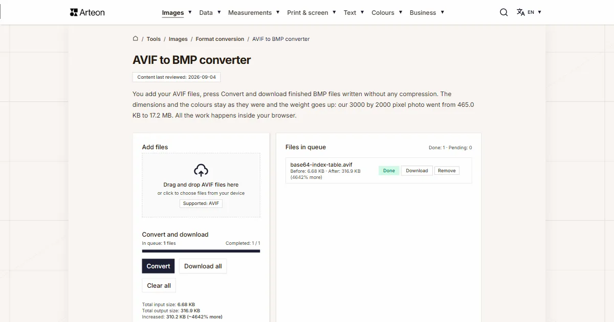 Arteon free tool screenshot: AVIF to BMP converter
