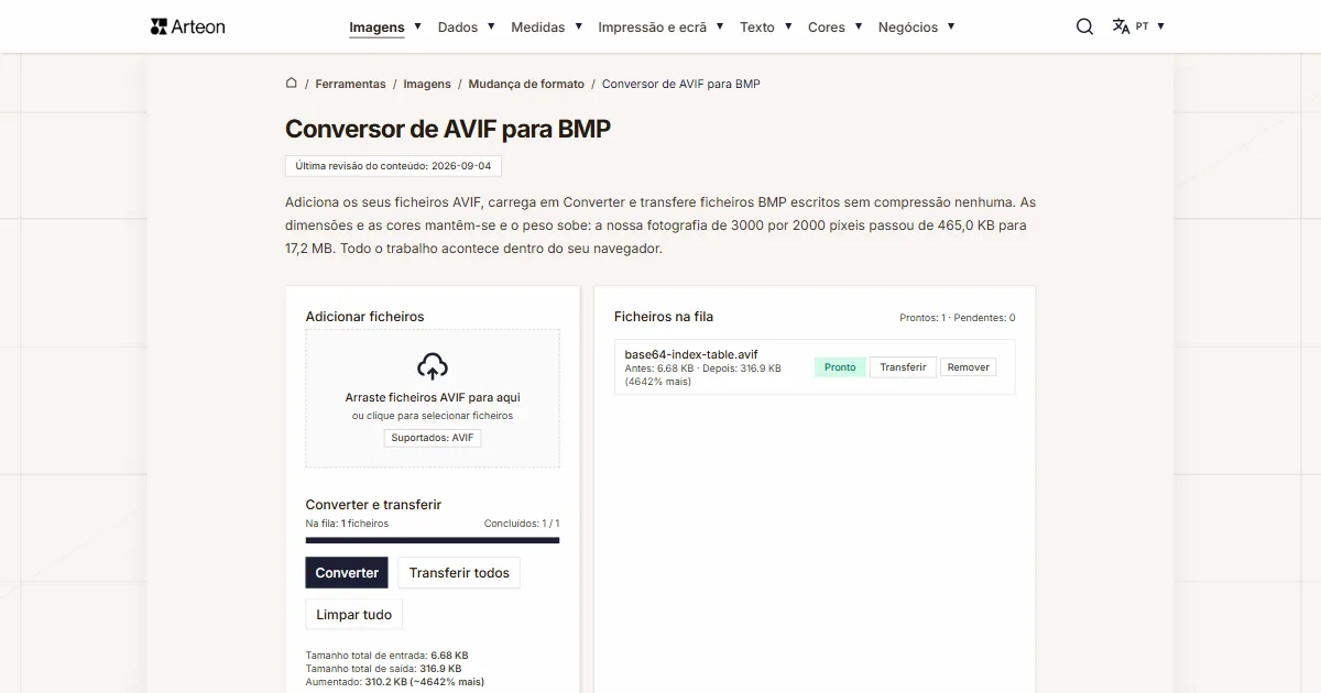 Captura de ecrã da ferramenta gratuita da Arteon: Conversor de AVIF para BMP
