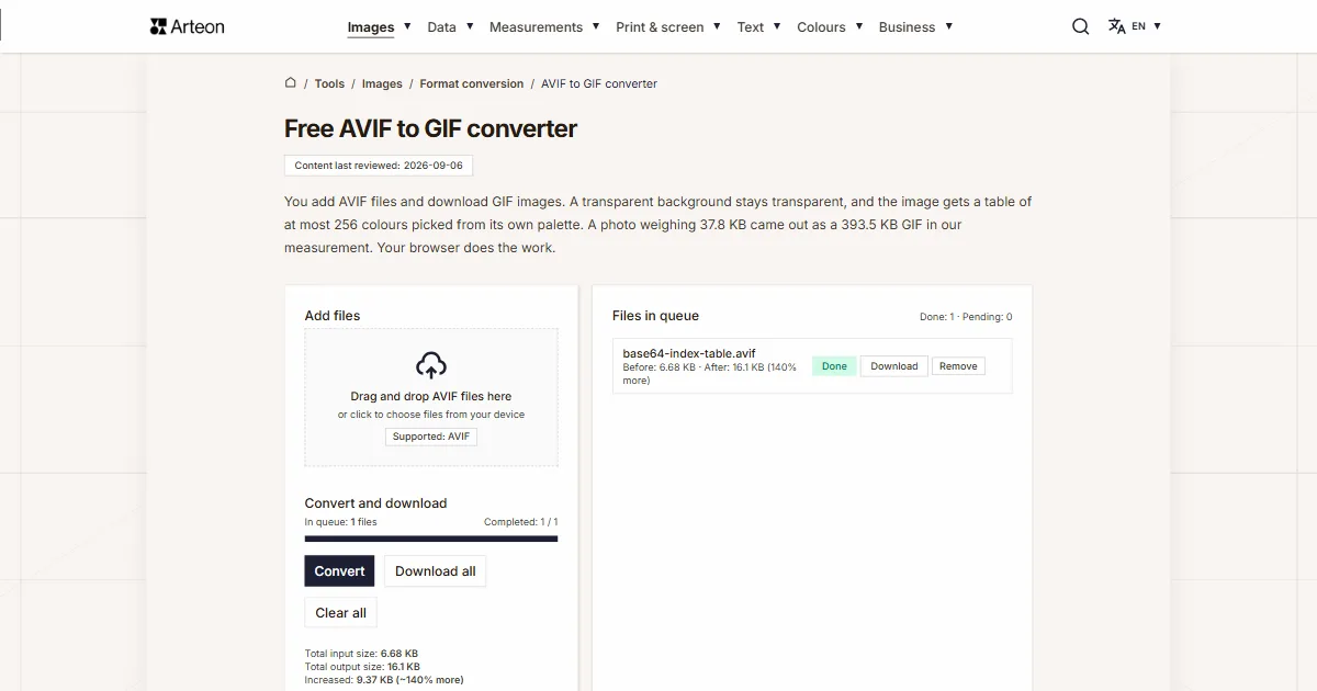 Arteon free tool screenshot: Free AVIF to GIF converter