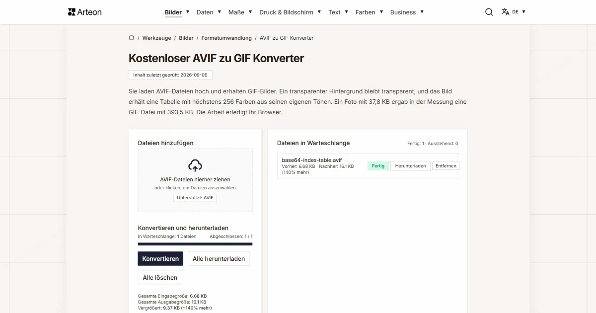Screenshot des kostenlosen Arteon-Werkzeugs: Kostenloser AVIF zu GIF Konverter