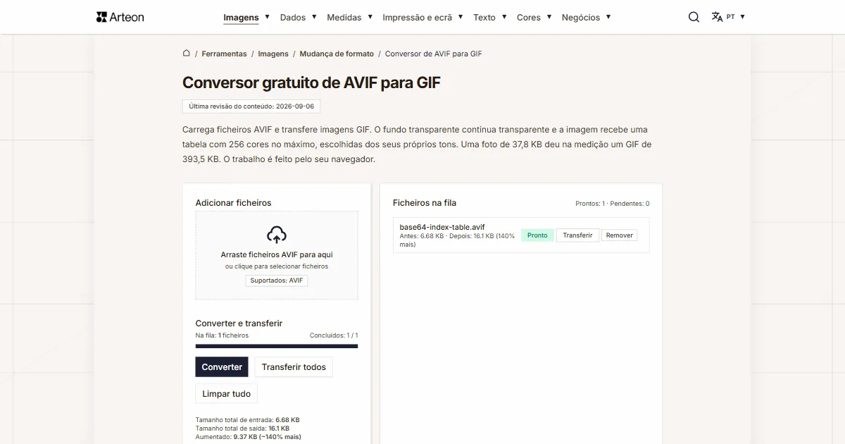 Captura de ecrã da ferramenta gratuita da Arteon: Conversor gratuito de AVIF para GIF