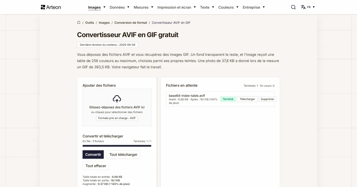 Capture d'écran de l'outil gratuit d'Arteon: Convertisseur AVIF en GIF gratuit