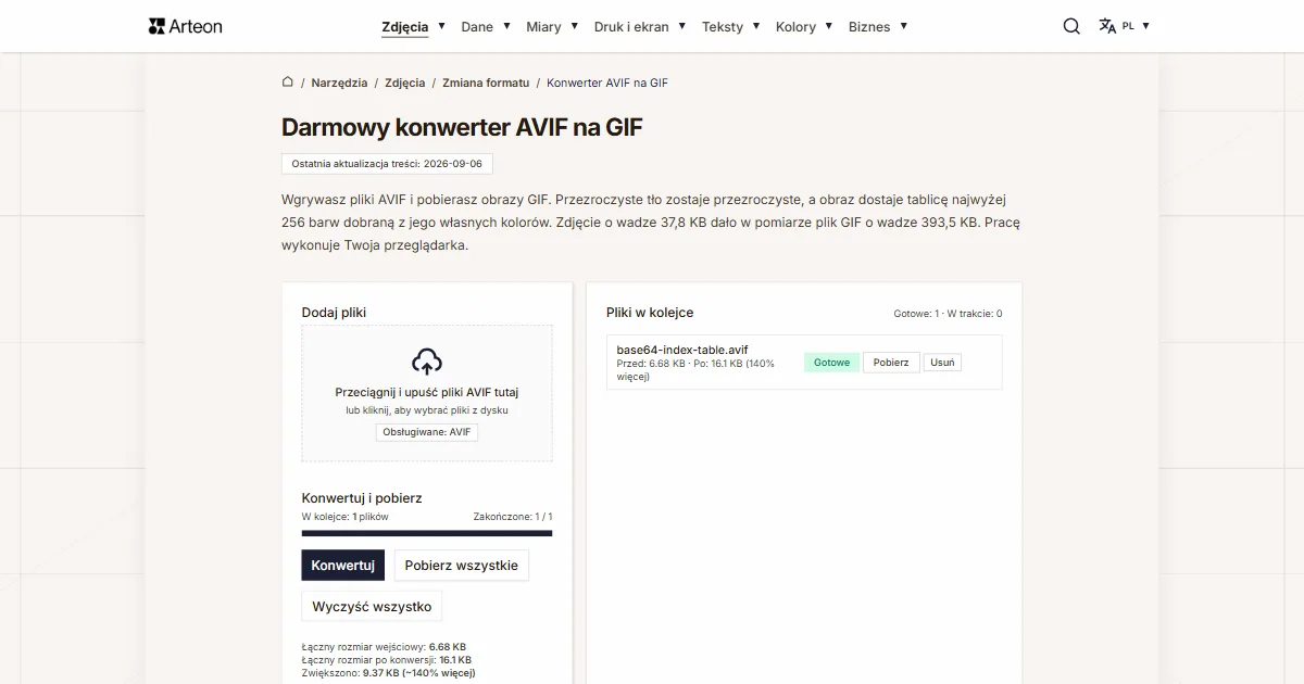 Zrzut ekranu darmowego narzędzia Arteon: Darmowy konwerter AVIF na GIF