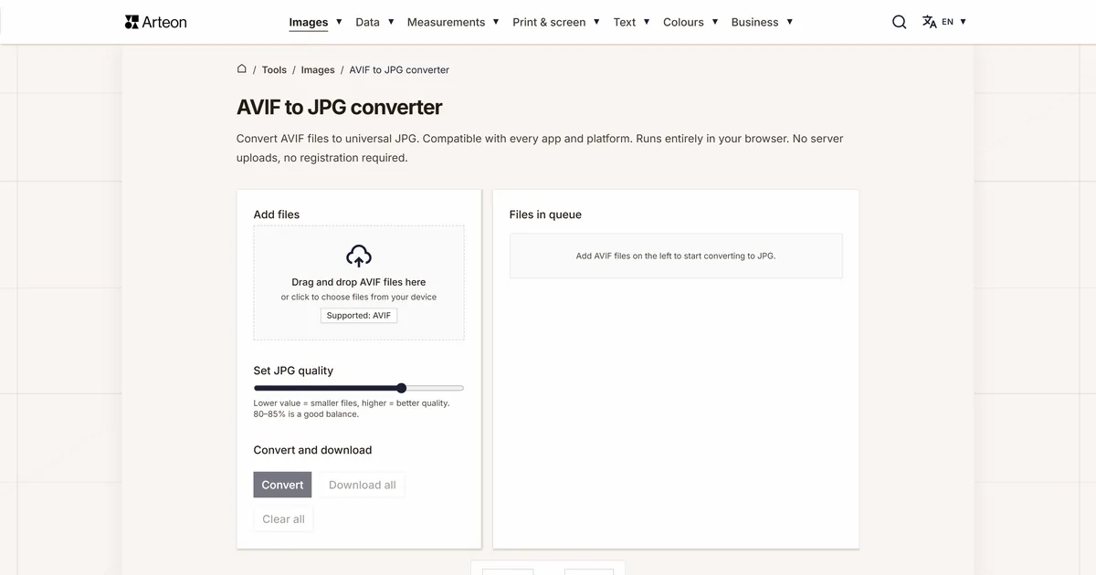 Arteon free tool screenshot: AVIF to JPG converter