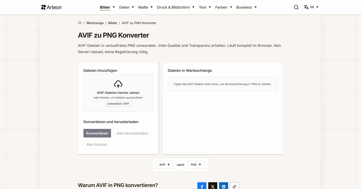 Screenshot des kostenlosen Arteon-Werkzeugs: AVIF zu PNG Konverter