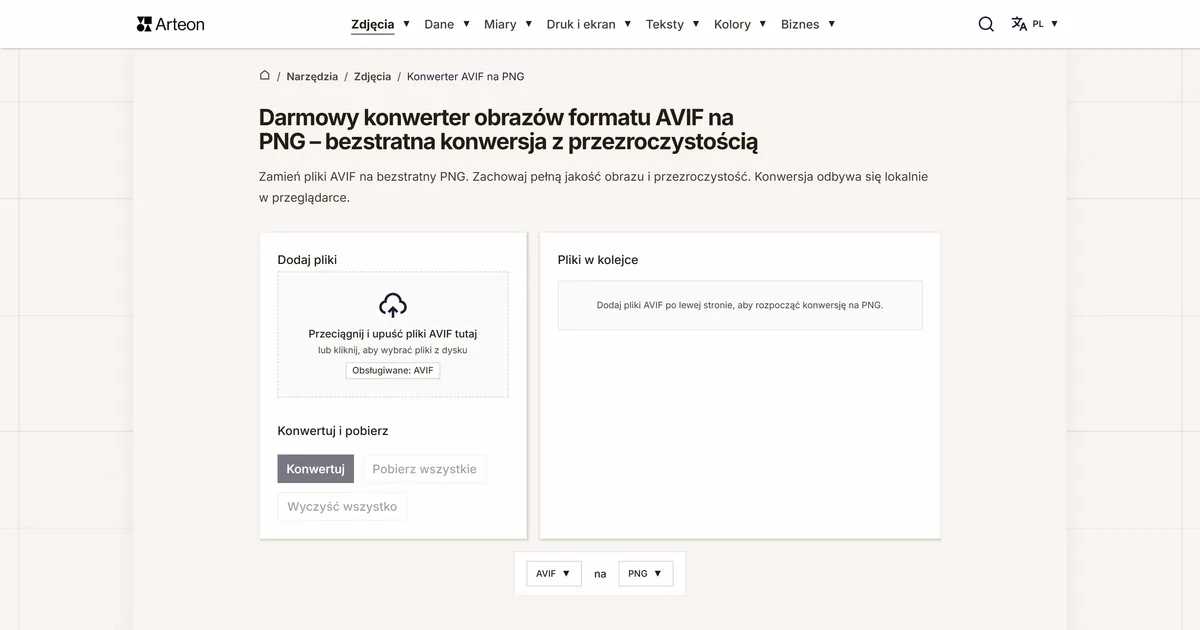 Zrzut ekranu darmowego narzędzia Arteon: Darmowy konwerter obrazów formatu AVIF na PNG – bezstratna konwersja z przezroczystością