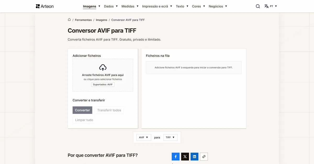 Captura de ecrã da ferramenta gratuita da Arteon: Conversor AVIF para TIFF