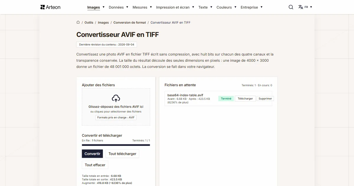 Capture d'écran de l'outil gratuit d'Arteon: Convertisseur AVIF en TIFF