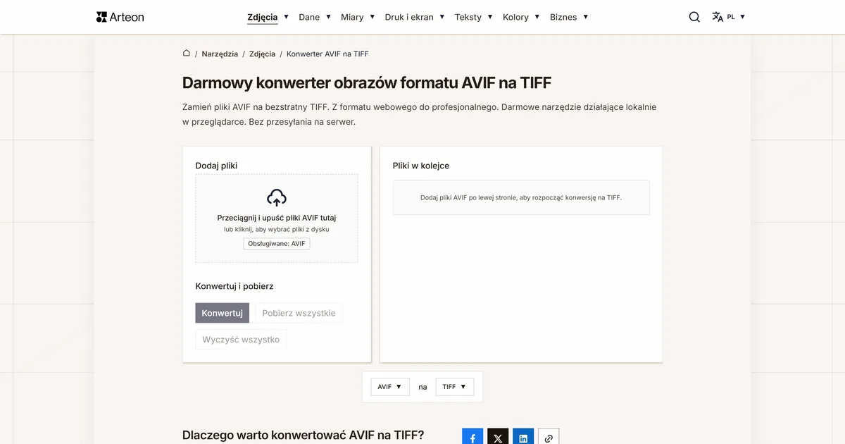 Zrzut ekranu darmowego narzędzia Arteon: Darmowy konwerter obrazów formatu AVIF na TIFF