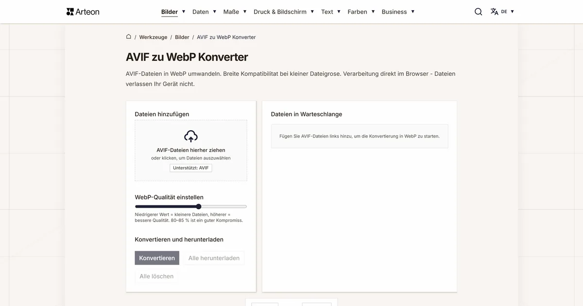 Screenshot des kostenlosen Arteon-Werkzeugs: AVIF zu WebP Konverter