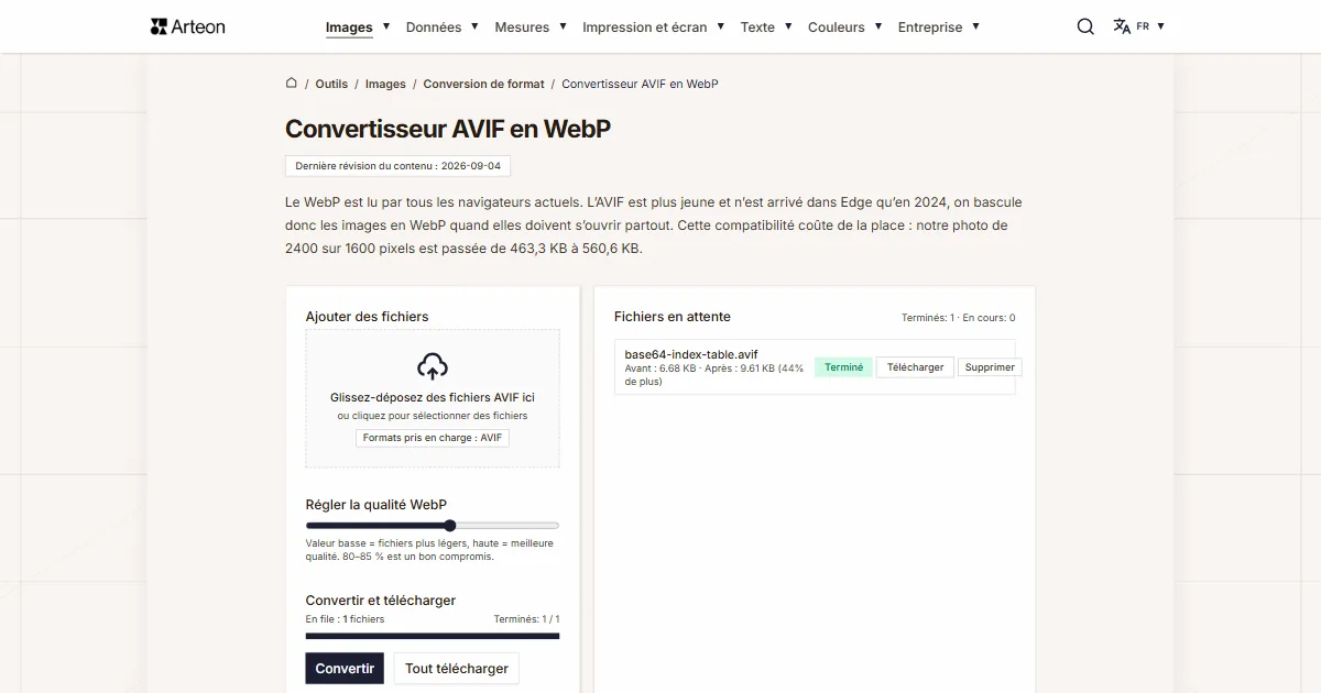 Capture d'écran de l'outil gratuit d'Arteon: Convertisseur AVIF en WebP