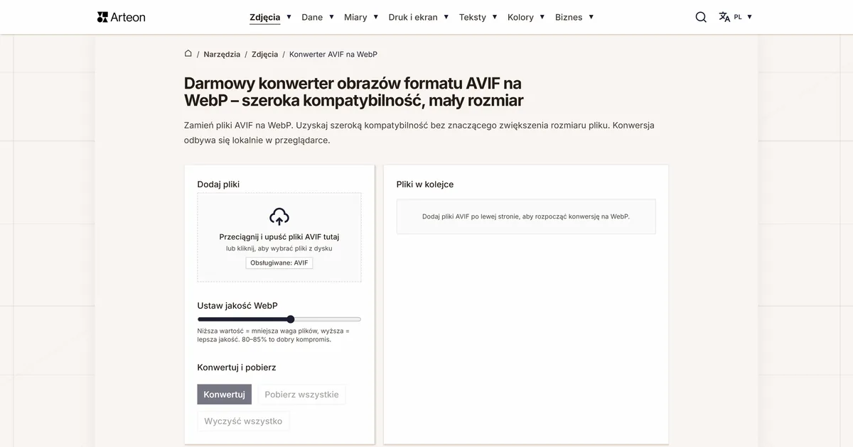 Zrzut ekranu darmowego narzędzia Arteon: Darmowy konwerter obrazów formatu AVIF na WebP – szeroka kompatybilność, mały rozmiar