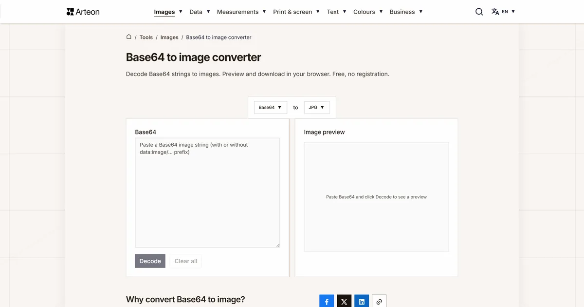 Arteon free tool screenshot: Base64 to image converter