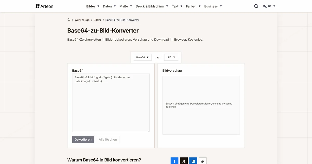 Screenshot des kostenlosen Arteon-Werkzeugs: Base64-zu-Bild-Konverter