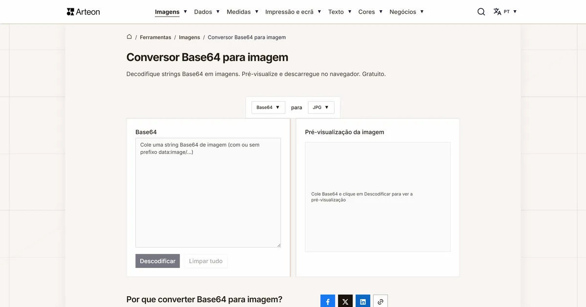 Captura de ecrã da ferramenta gratuita da Arteon: Conversor Base64 para imagem
