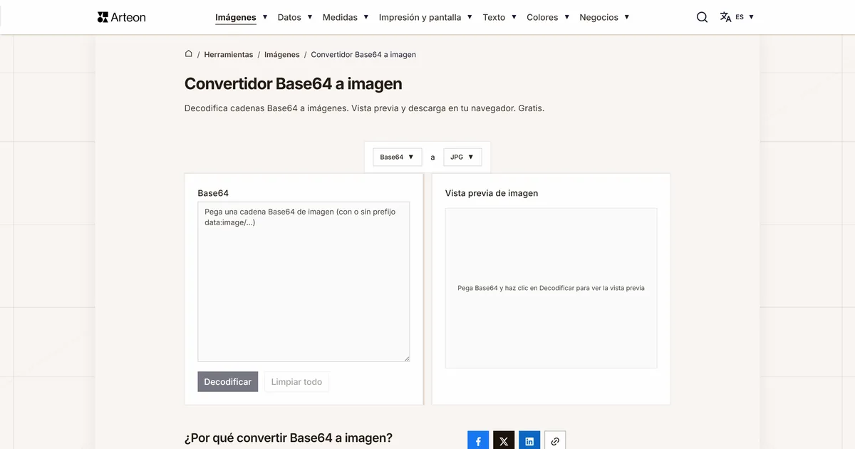 Captura de pantalla de la herramienta gratuita de Arteon: Convertidor Base64 a imagen