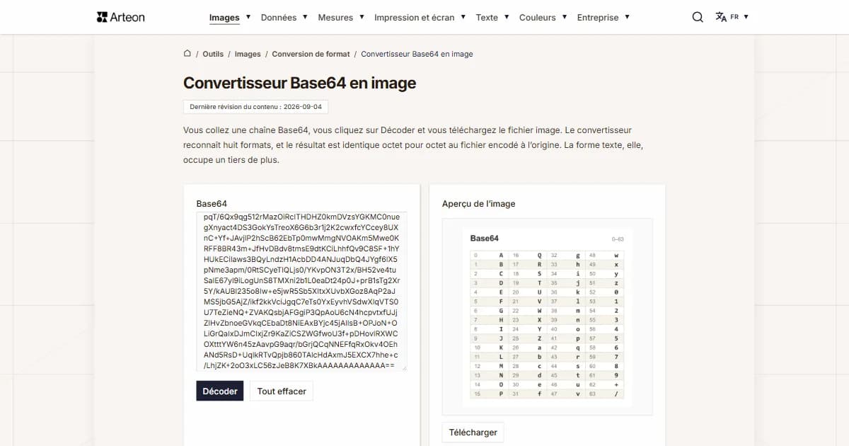 Capture d'écran de l'outil gratuit d'Arteon: Convertisseur Base64 en image