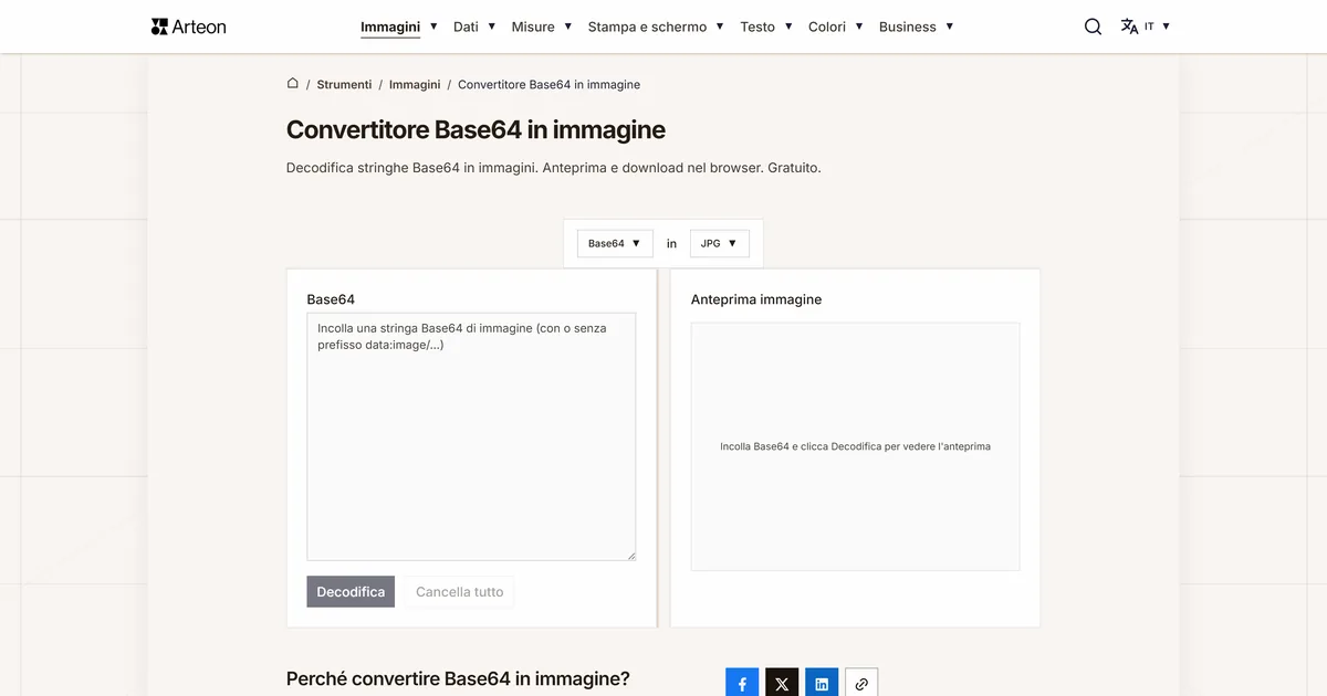 Screenshot dello strumento gratuito Arteon: Convertitore Base64 in immagine