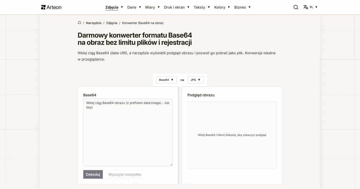 Zrzut ekranu darmowego narzędzia Arteon: Darmowy konwerter formatu Base64 na obraz bez limitu plików i rejestracji