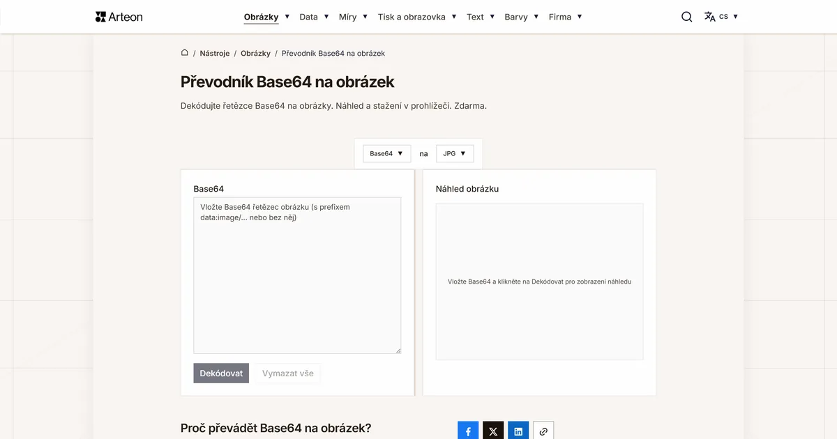 Snímek obrazovky bezplatného nástroje Arteon: Převodník Base64 na obrázek