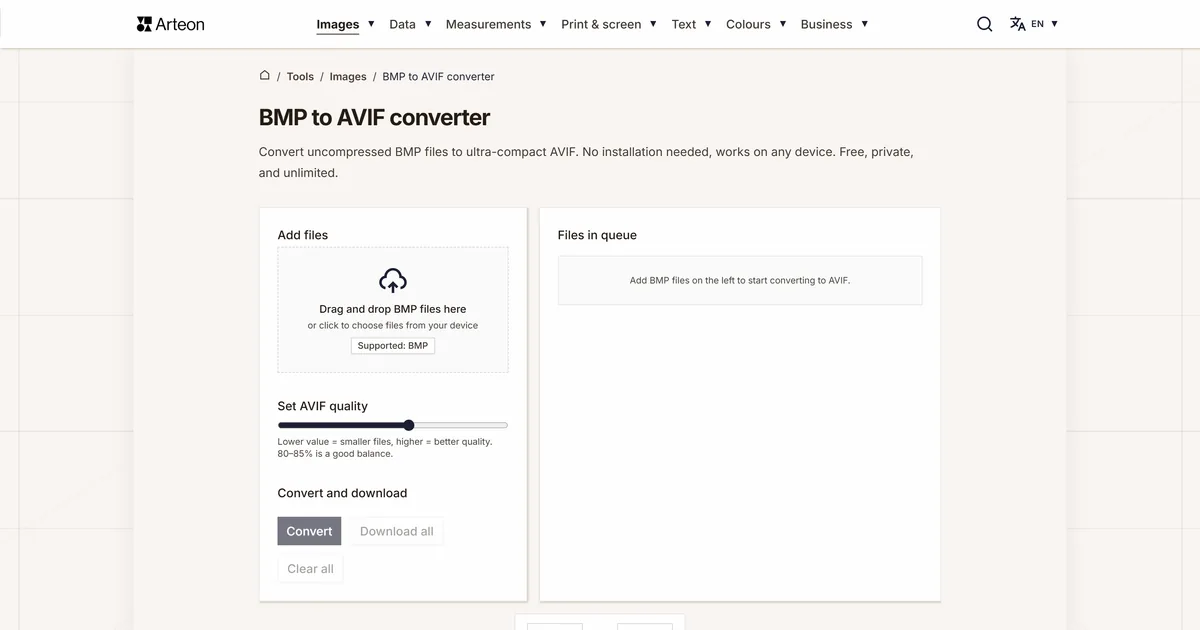 Arteon free tool screenshot: BMP to AVIF converter