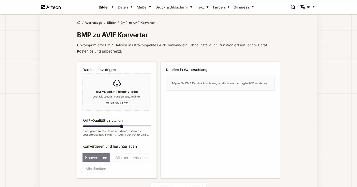 Screenshot des kostenlosen Arteon-Werkzeugs: BMP zu AVIF Konverter