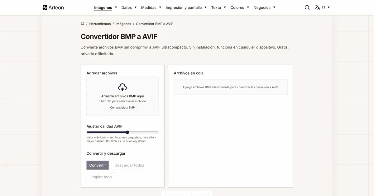Captura de pantalla de la herramienta gratuita de Arteon: Convertidor BMP a AVIF