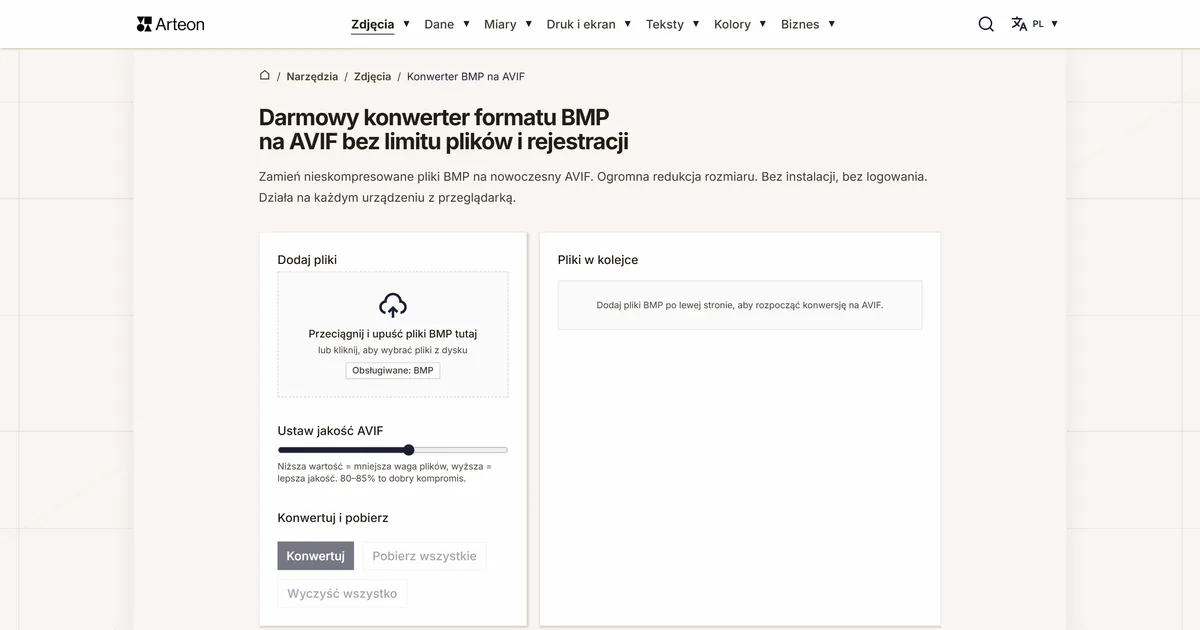 Zrzut ekranu darmowego narzędzia Arteon: Darmowy konwerter formatu BMP na AVIF bez limitu plików i rejestracji