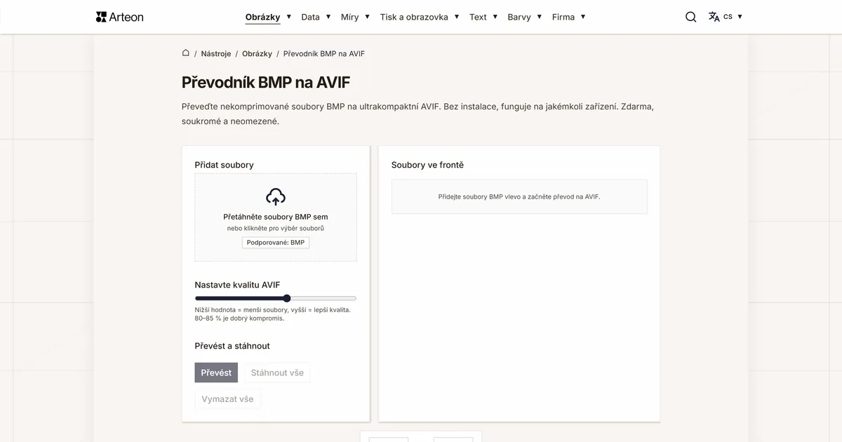 Snímek obrazovky bezplatného nástroje Arteon: Převodník BMP na AVIF