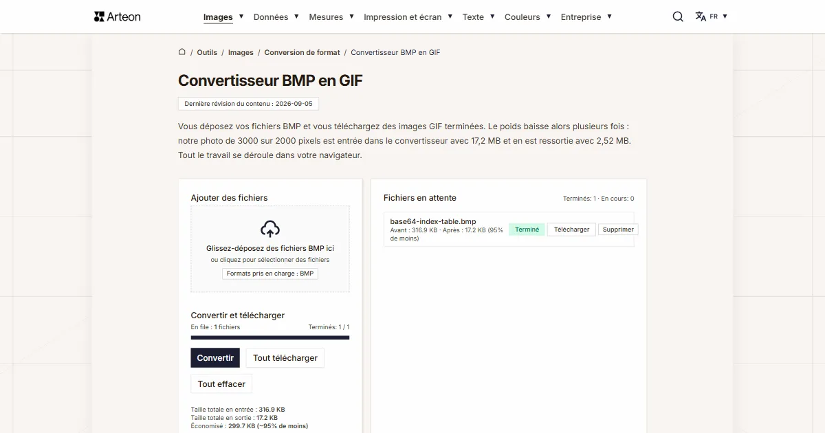 Capture d'écran de l'outil gratuit d'Arteon: Convertisseur BMP en GIF