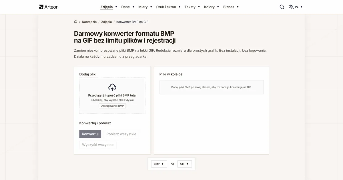 Zrzut ekranu darmowego narzędzia Arteon: Darmowy konwerter formatu BMP na GIF bez limitu plików i rejestracji