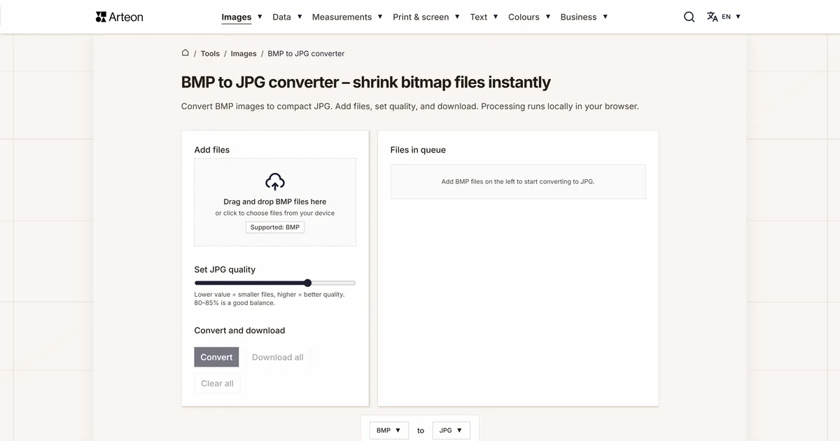 Arteon free tool screenshot: BMP to JPG converter – shrink bitmap files instantly