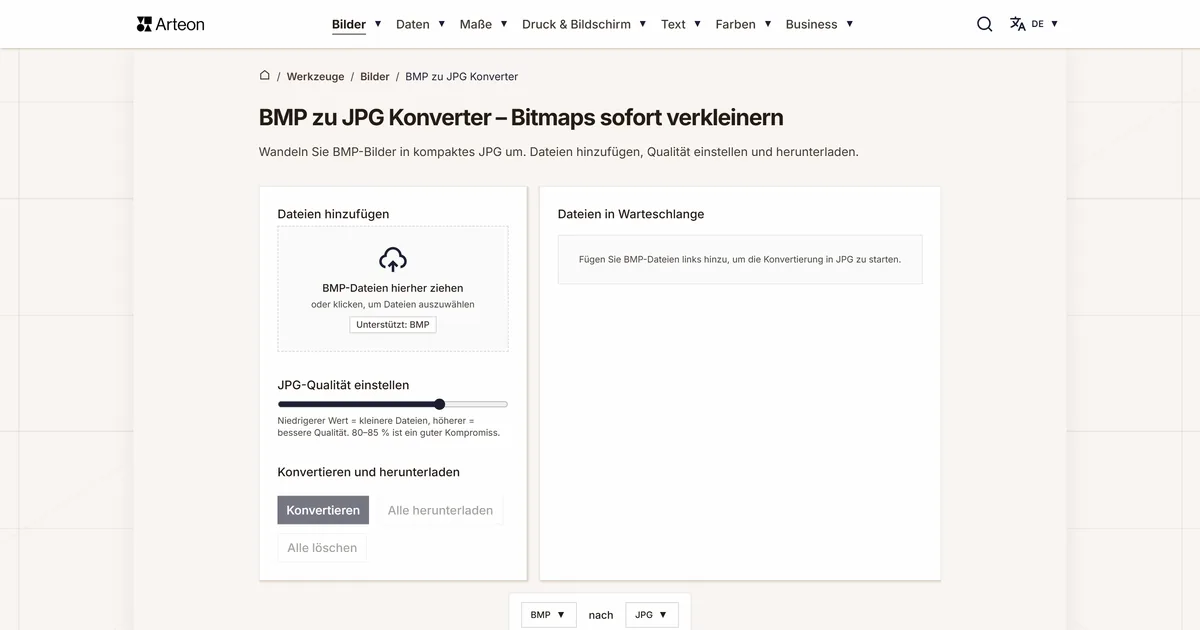 Screenshot des kostenlosen Arteon-Werkzeugs: BMP zu JPG Konverter – Bitmaps sofort verkleinern