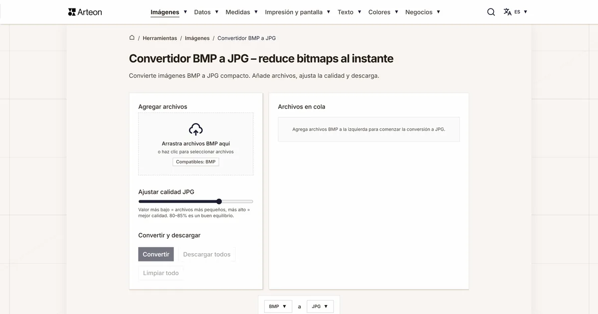 Captura de pantalla de la herramienta gratuita de Arteon: Convertidor BMP a JPG – reduce bitmaps al instante