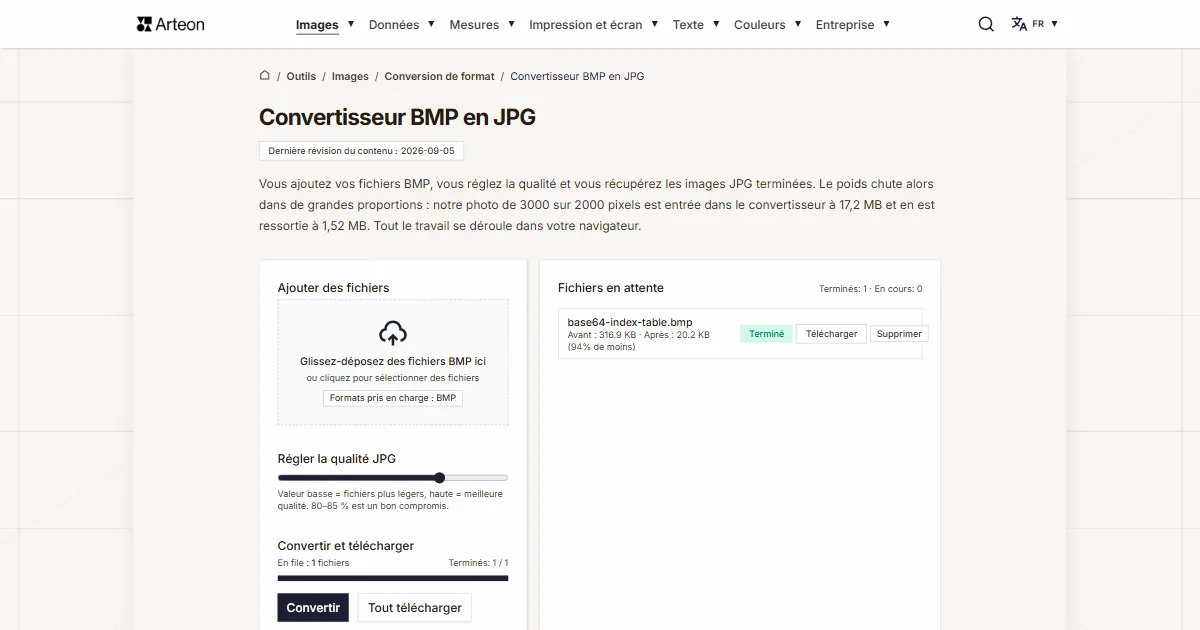 Capture d'écran de l'outil gratuit d'Arteon: Convertisseur BMP en JPG