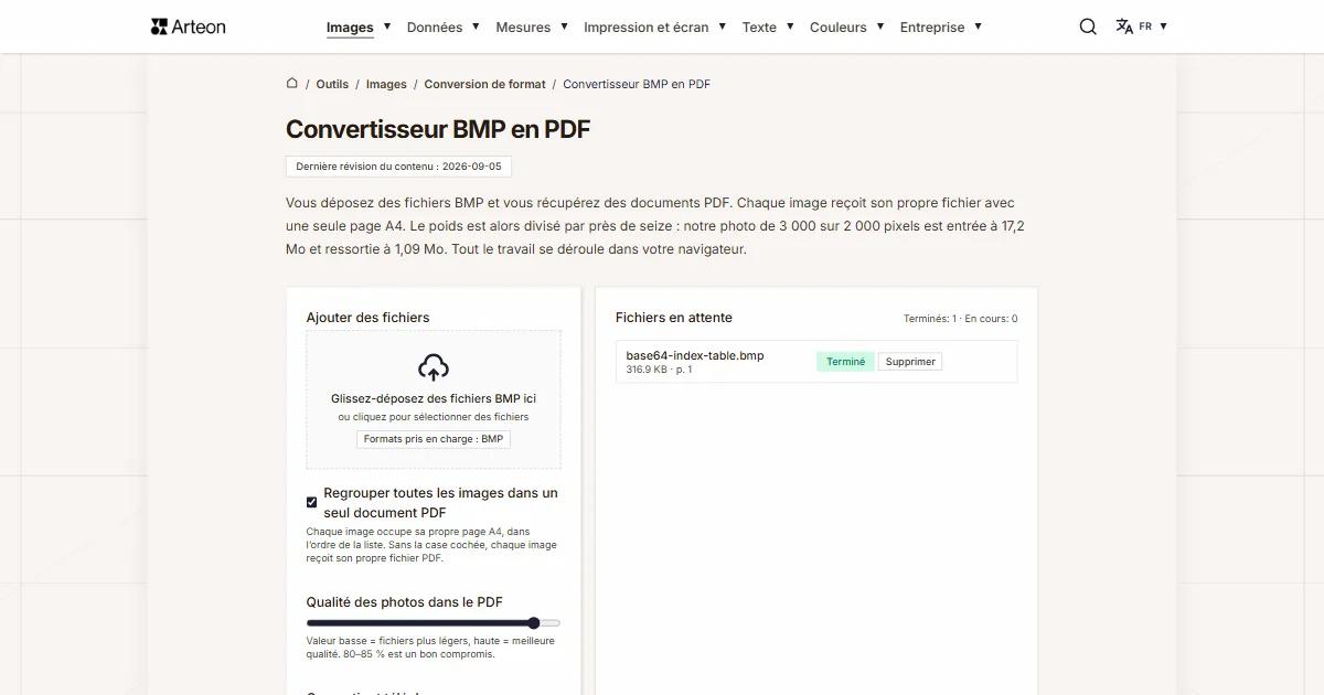 Capture d'écran de l'outil gratuit d'Arteon: Convertisseur BMP en PDF