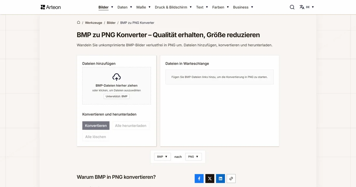 Screenshot des kostenlosen Arteon-Werkzeugs: BMP zu PNG Konverter – Qualität erhalten, Größe reduzieren
