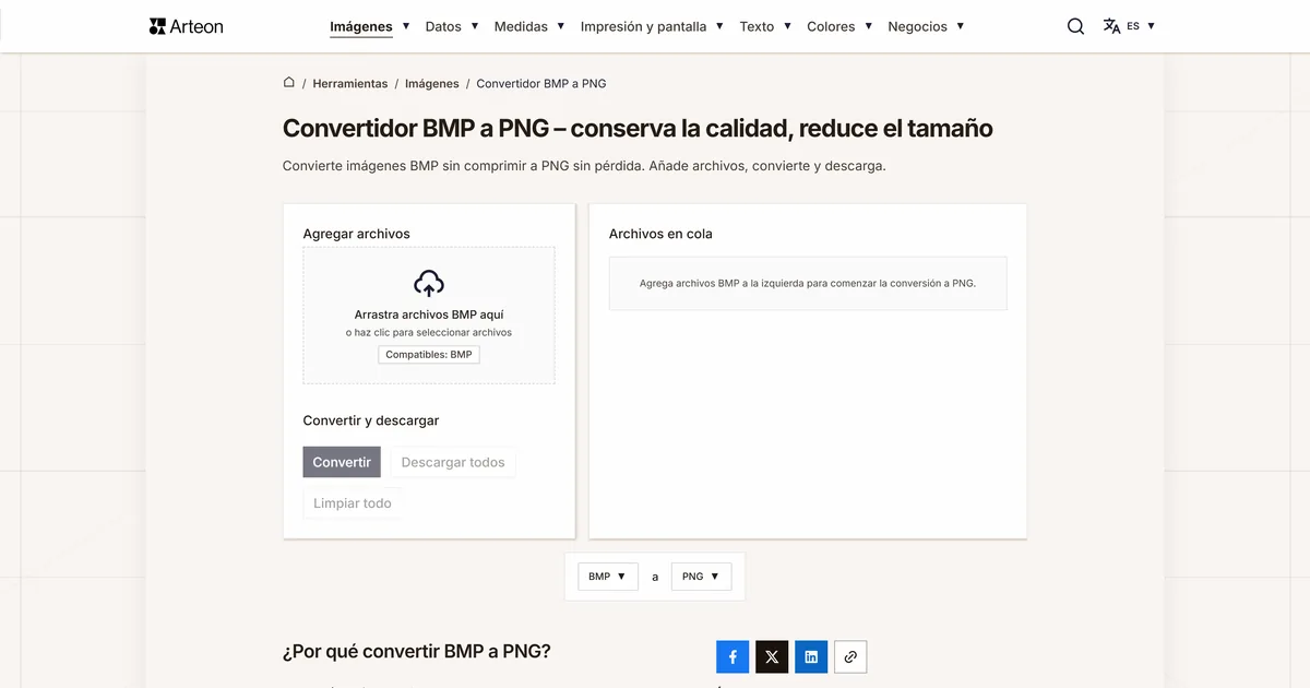 Captura de pantalla de la herramienta gratuita de Arteon: Convertidor BMP a PNG – conserva la calidad, reduce el tamaño