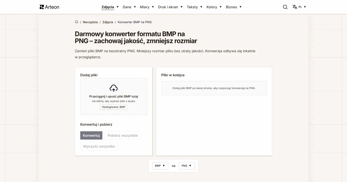 Zrzut ekranu darmowego narzędzia Arteon: Darmowy konwerter formatu BMP na PNG – zachowaj jakość, zmniejsz rozmiar