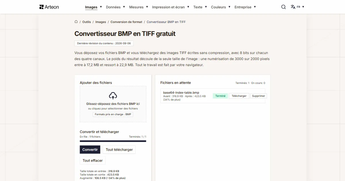 Capture d'écran de l'outil gratuit d'Arteon: Convertisseur BMP en TIFF gratuit