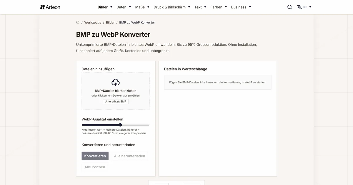 Screenshot des kostenlosen Arteon-Werkzeugs: BMP zu WebP Konverter