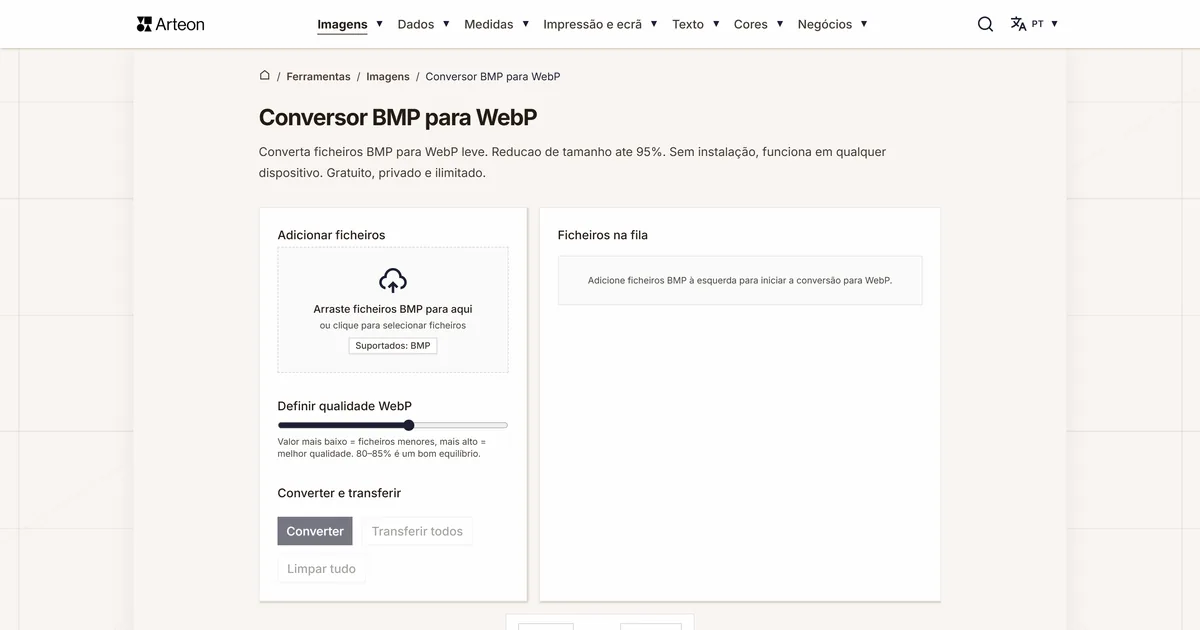 Captura de ecrã da ferramenta gratuita da Arteon: Conversor BMP para WebP