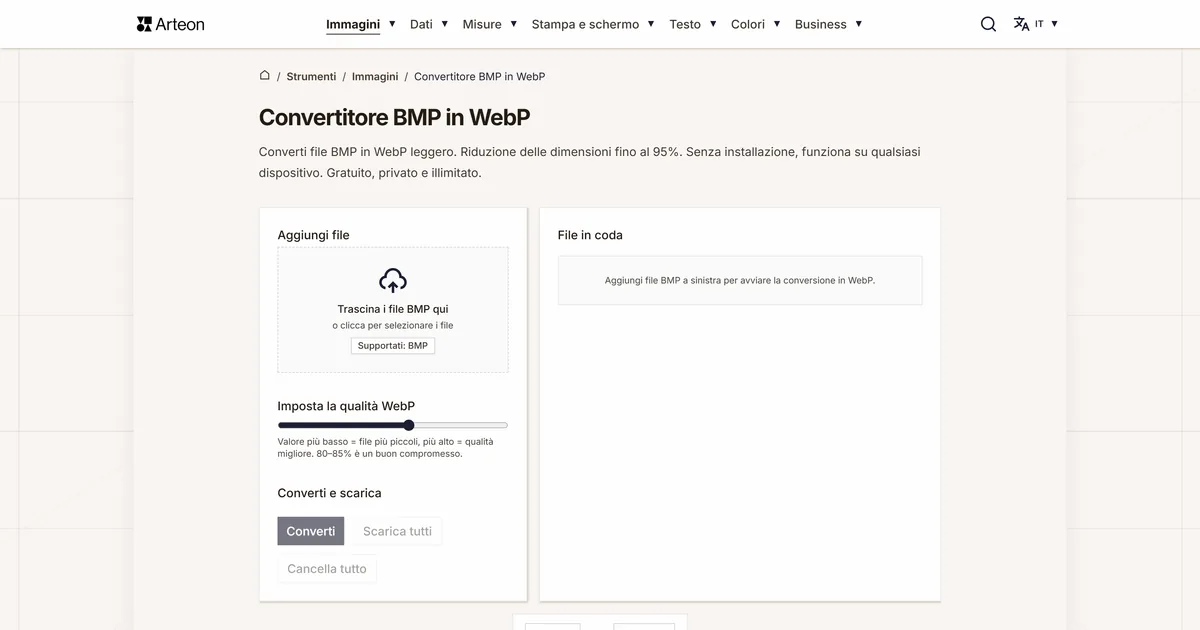 Screenshot dello strumento gratuito Arteon: Convertitore BMP in WebP