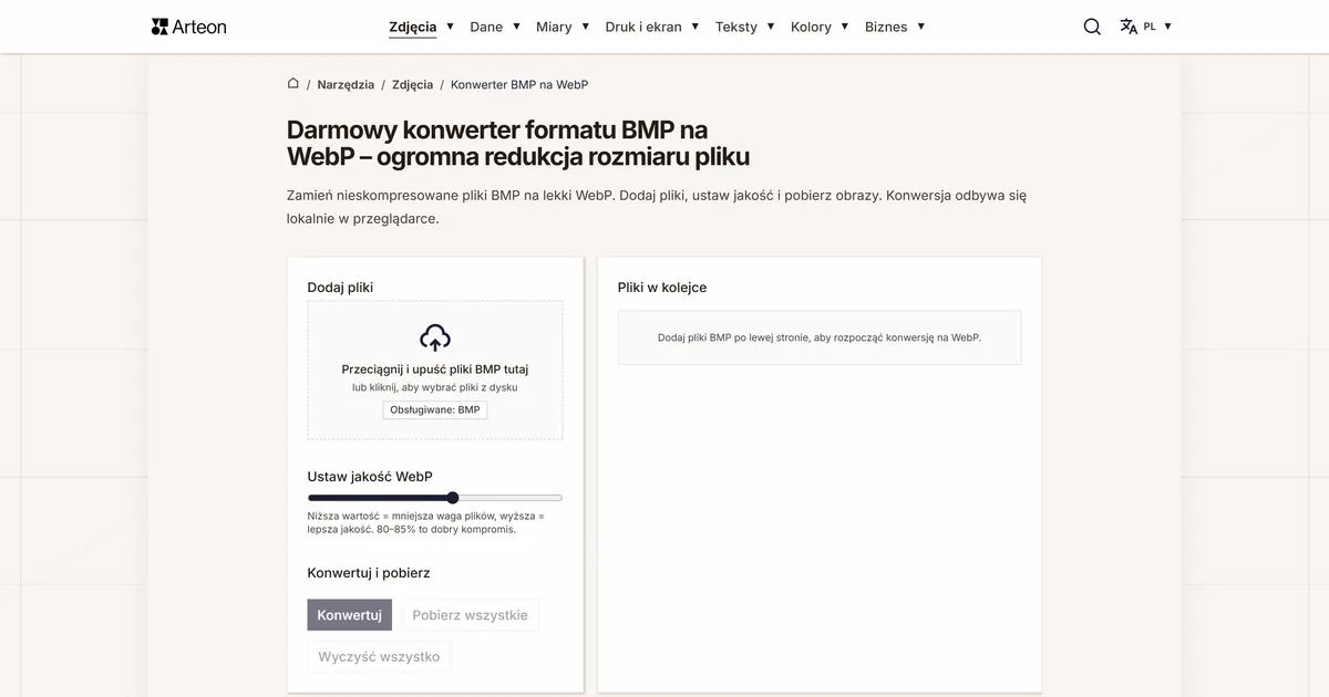 Zrzut ekranu darmowego narzędzia Arteon: Darmowy konwerter formatu BMP na WebP – ogromna redukcja rozmiaru pliku