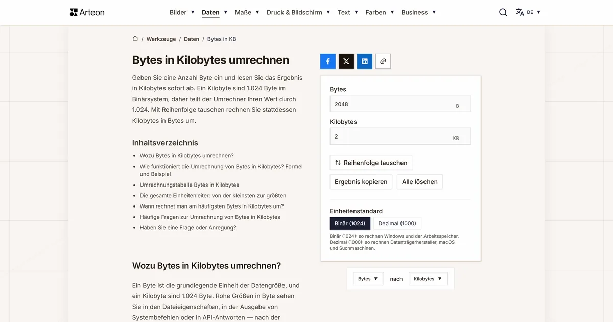 Screenshot des kostenlosen Arteon-Werkzeugs: Bytes in Kilobytes umrechnen