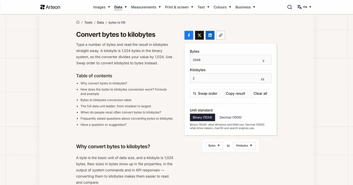 Arteon free tool screenshot: Convert bytes to kilobytes