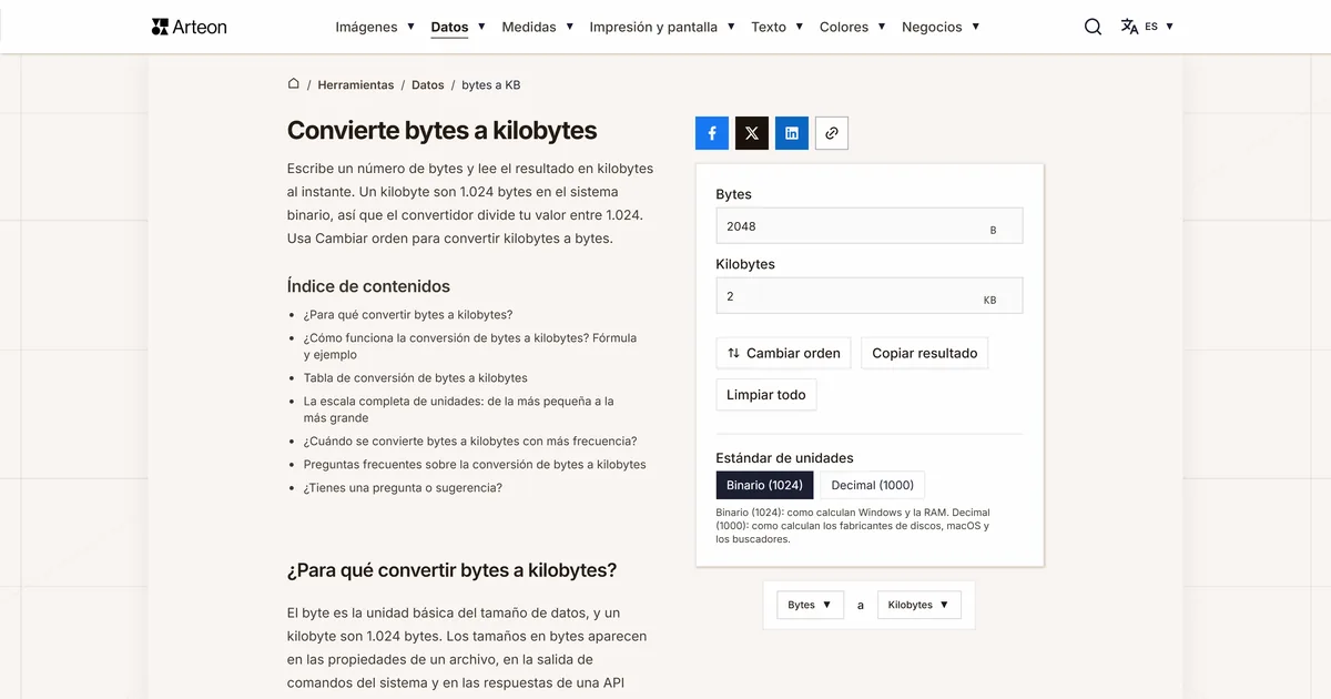 Captura de pantalla de la herramienta gratuita de Arteon: Convierte bytes a kilobytes