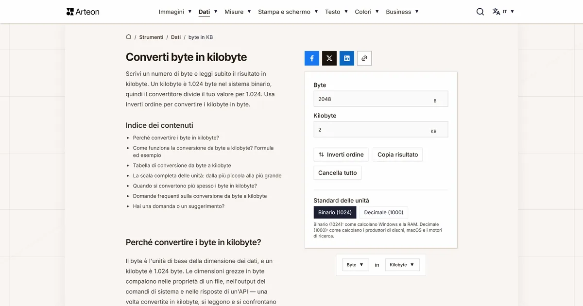 Screenshot dello strumento gratuito Arteon: Converti byte in kilobyte