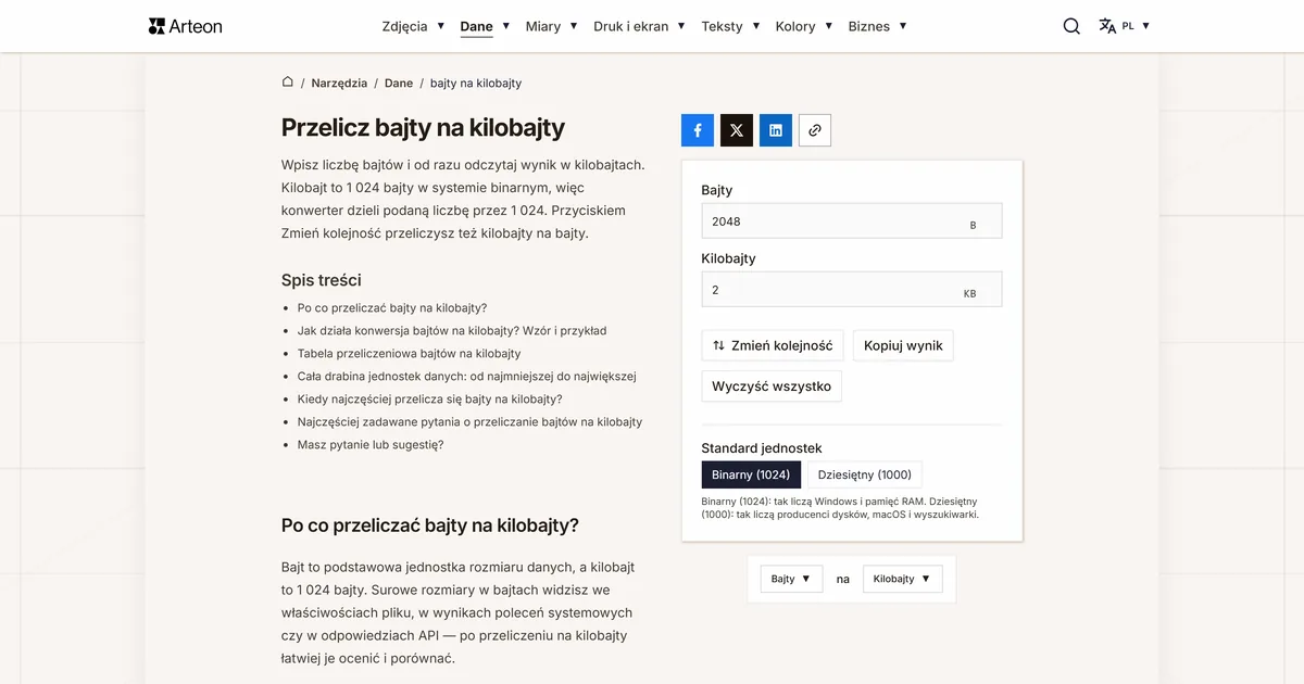 Zrzut ekranu darmowego narzędzia Arteon: Przelicz bajty na kilobajty
