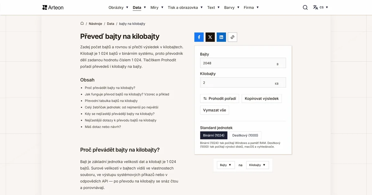 Snímek obrazovky bezplatného nástroje Arteon: Převeď bajty na kilobajty
